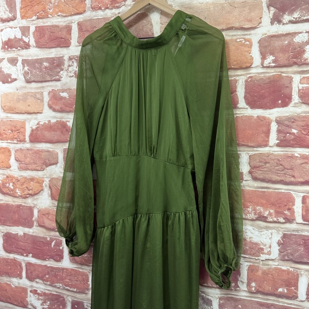 Petal & Pup Dress Womens L Olive Green Chiffon Sleeve Tiered Maxi Peasant Sleeve - Picture 4 of 9